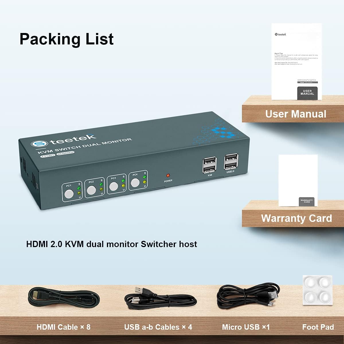 KVM Switch Dual Monitor 4 Port HDMI, 4K@60Hz (YUV 4:4:4) Extender Display. 4 Computers 2 Monitors and Keyboard Mouse by Hotkey Switch Control, 2 USB 2.0, 4 in 2 Out with 8 HDMI and 4 USB Cables