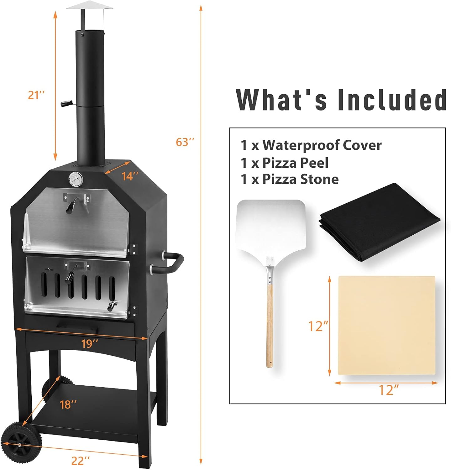 U-MAX Outdoor Pizza Oven Wood Fire with Waterproof Cover, Freestanding, Steel Pizza Grill, Pizza Maker Camping Cooker with Pizza Stone
