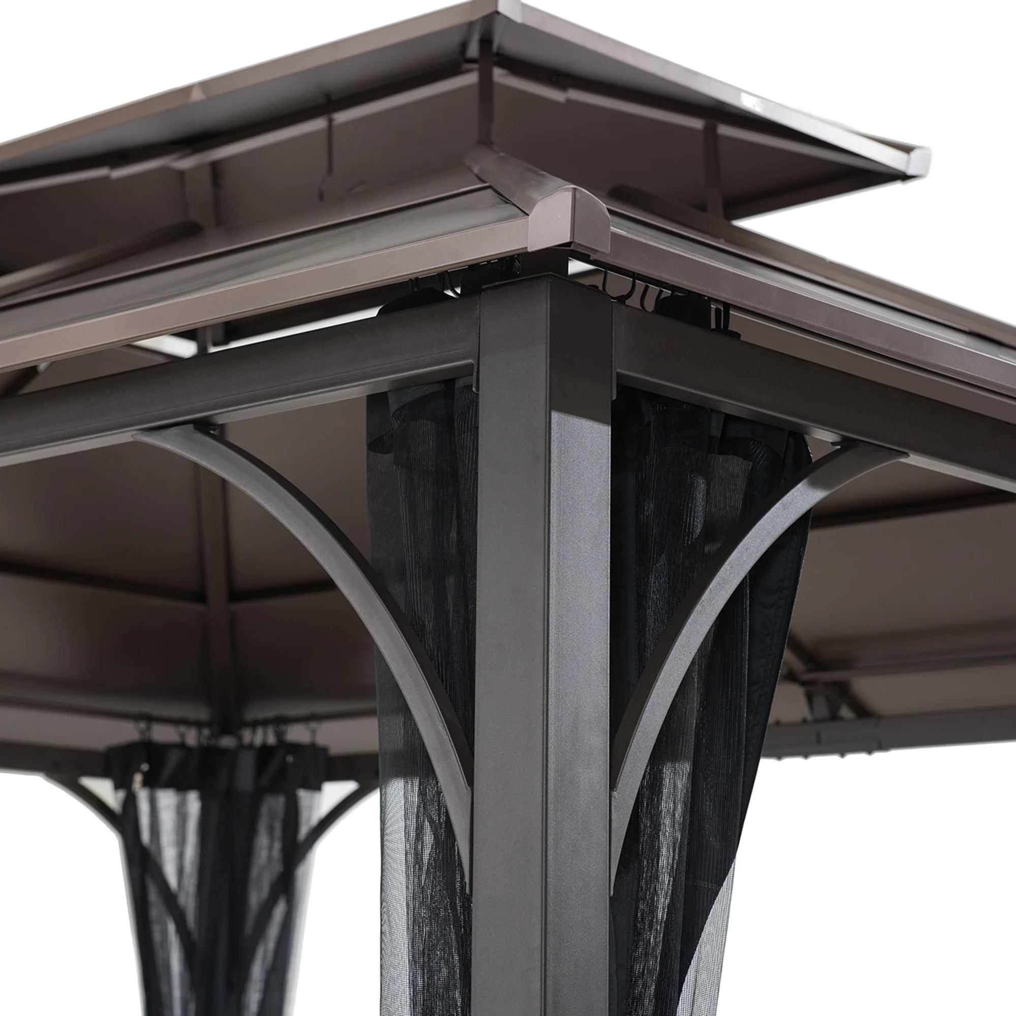 Sunjoy Lindsay Outdoor Patio 10x12 ft. Brown Steel Frame 2-Tier Hardtop Roof Gazebo with Ceiling hook and Netting