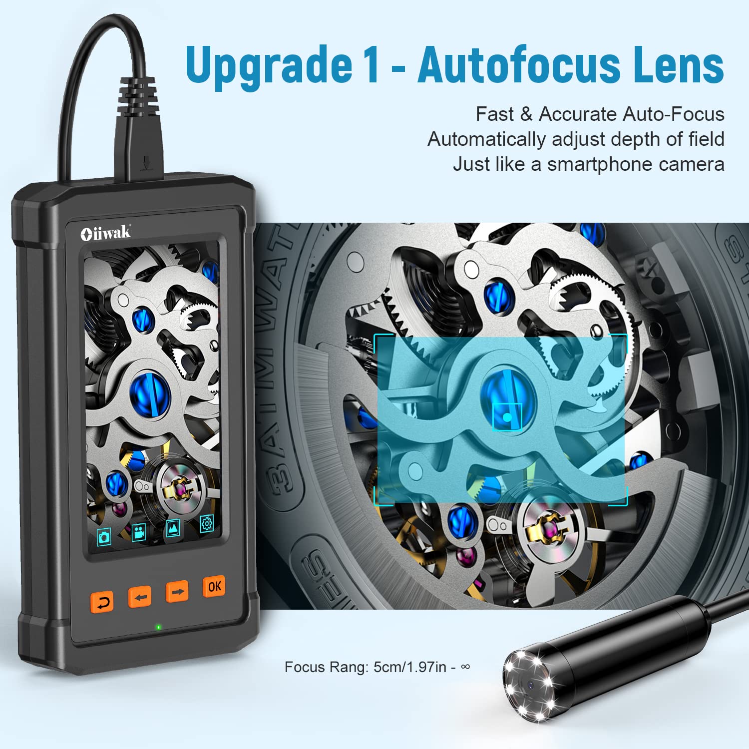 Oiiwak 16.5FT Autofocus Borescope Inspection Camera Upgraded 5MP 1944P HD Industrial Endoscope 4.3'' IPS Screen Pipe Wall Automotive Scope Camera Waterproof Snake Camera with 8 LED Lights,32GB Card