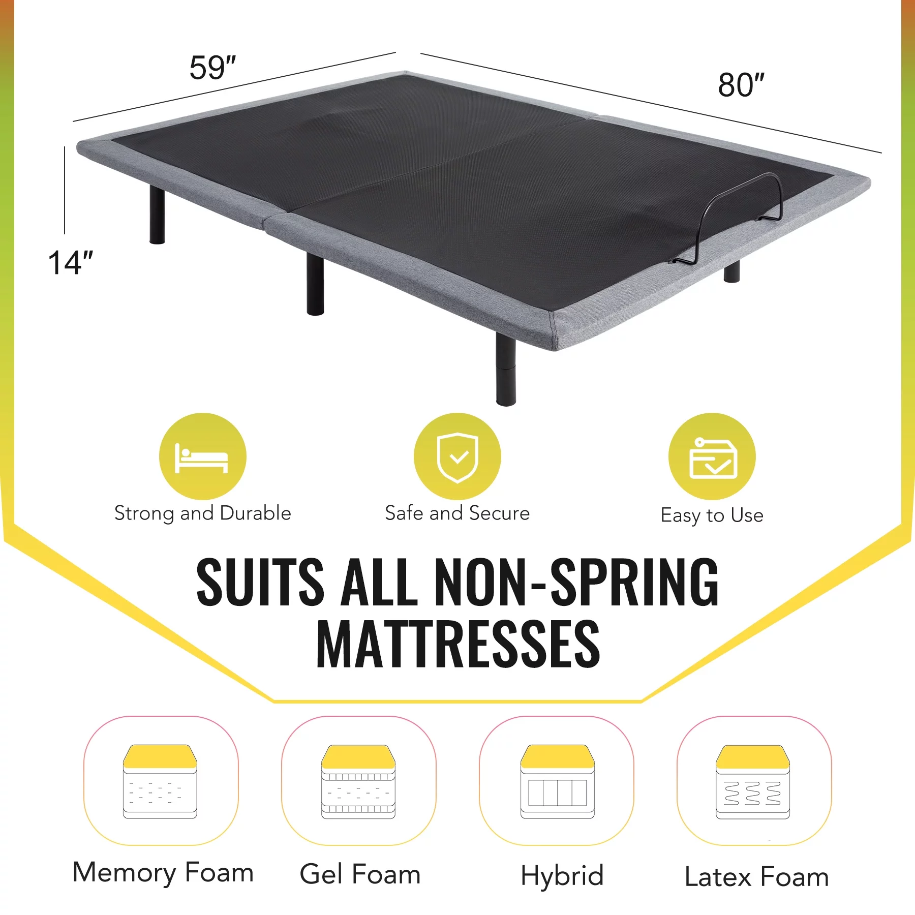 Motorized Bed Frame for Queen Size Mattress w Remote, USB Ports, & Massage