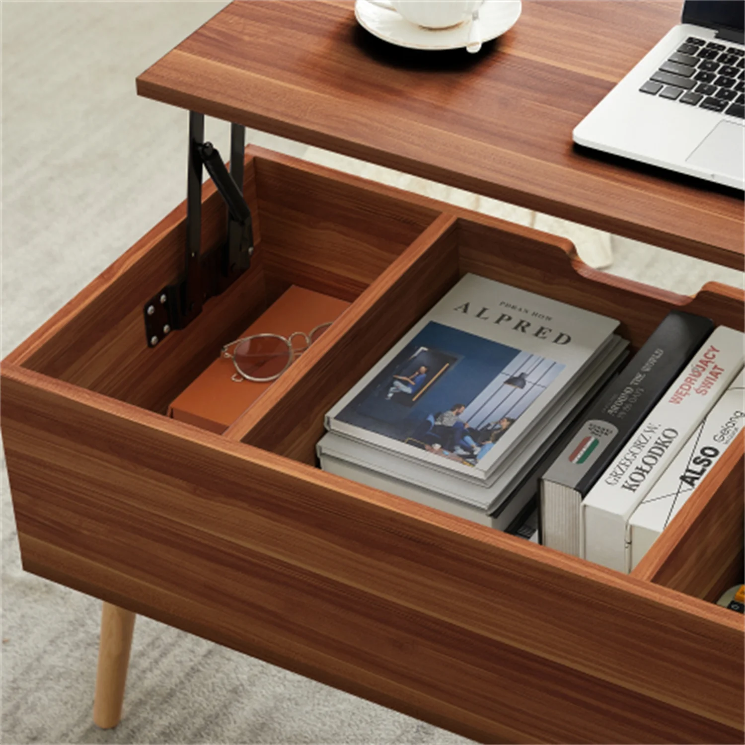 Coffee table, computer table, black, solid wood leg rest, large storage space, can be raised and lowered desktop