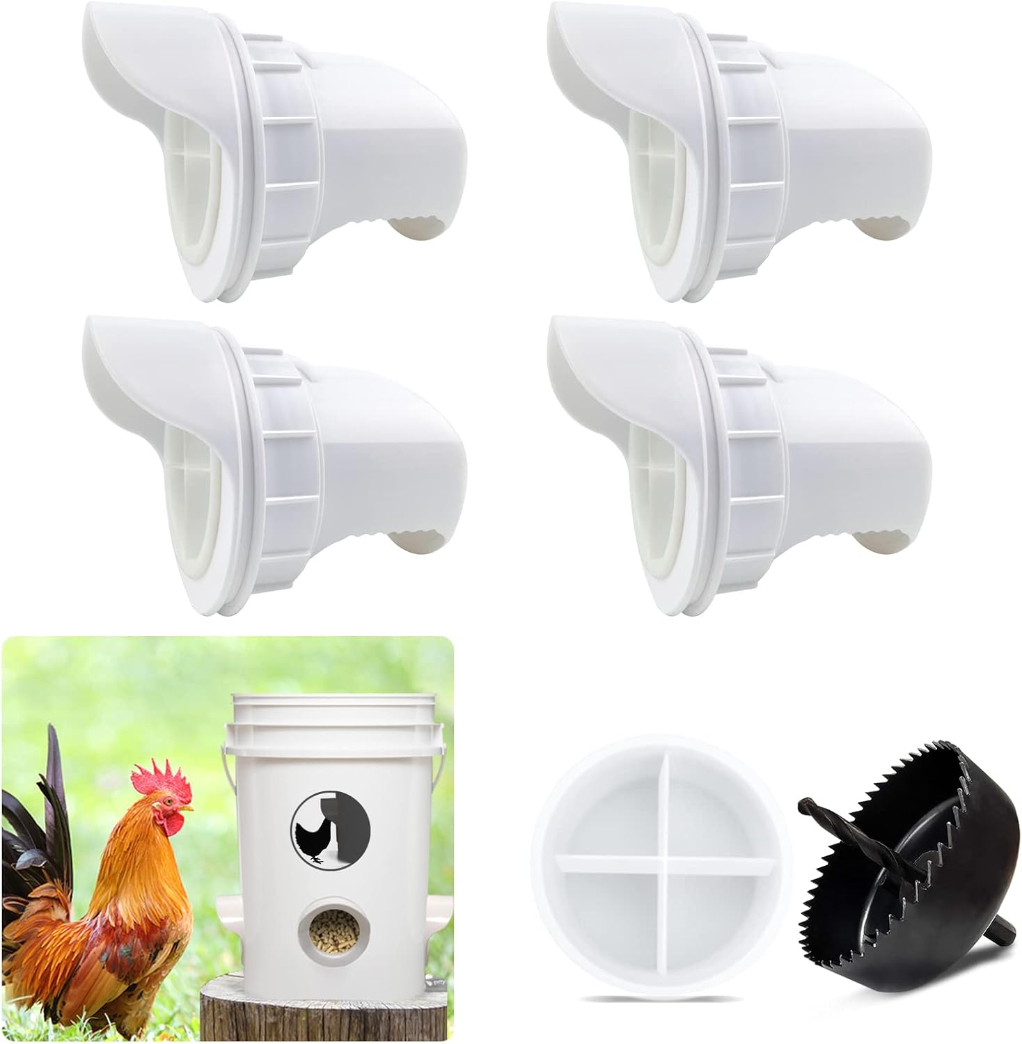 No Waste Chicken Feeder, Poultry Feeder DIY Port Gravity Automatic Fed Kit with Rat Stopper Caps, Rain Proof, Weather Resistant, for Buckets, Barrels, Bins, Troughs（8 Ports,1 Hole Saw）