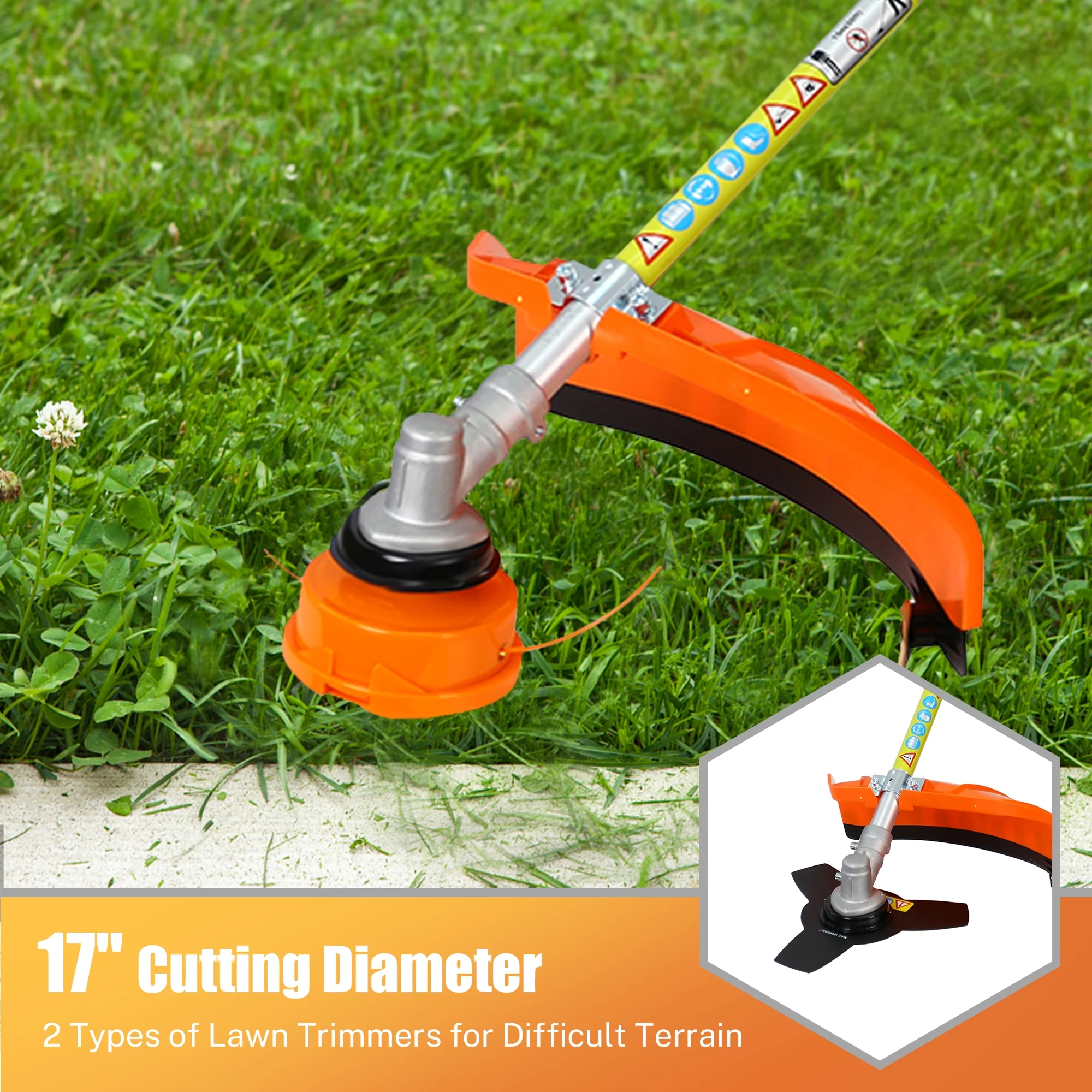 Backpack 52CC 2-Cycle Grass Trimmer, Sesslife 4 In 1 Gas Powered Lawn Mower Full Crankshaft Grass Edger with Gas Pole Saw, Hedge Trimmer, Grass Trimmer, Brush Cutter Attachment, Orange