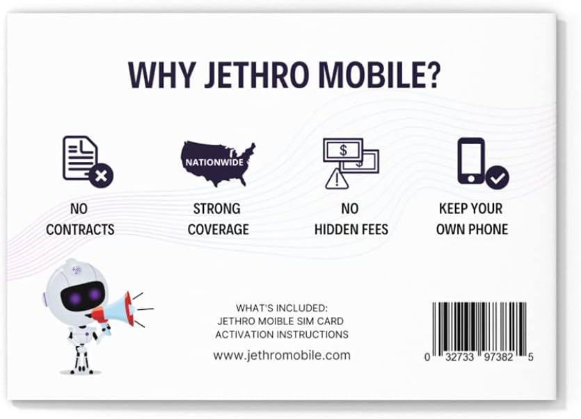 $45/Month Jethro Mobile Wireless Plan | 15GB of 5G/4G LTE Data + Unlimited Talk & Text for 30 Days (3-in-1 GSM SIM Card) Pack of 2
