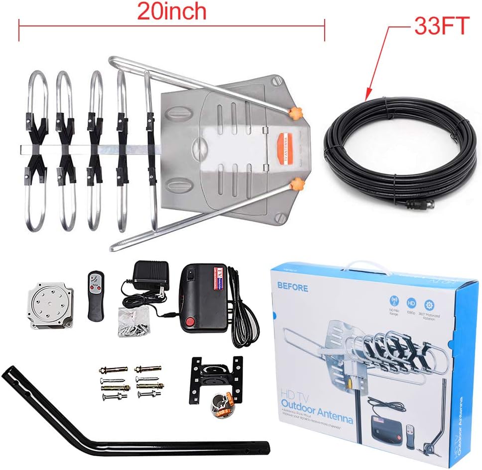HDTV Antenna Amplified Digital Outdoor Antenna 150 Miles Range, 360 Degree Rotation Wireless Remote,with 33FT Coax Cable - Support UHF/VHF/1080p/ 4K Ready -Without Pole