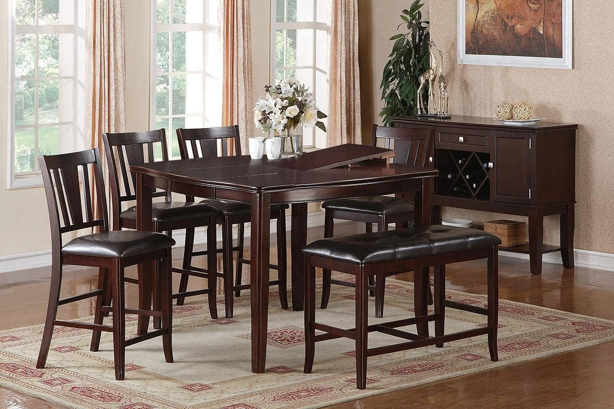 Perfect Contemporary Counter Height Dining 6pc Set Table w Butterfly Leaf 4X Chairs A Bench Brown Finish Rubberwood Chairs Cushions Kitchen Dining Room Furniture