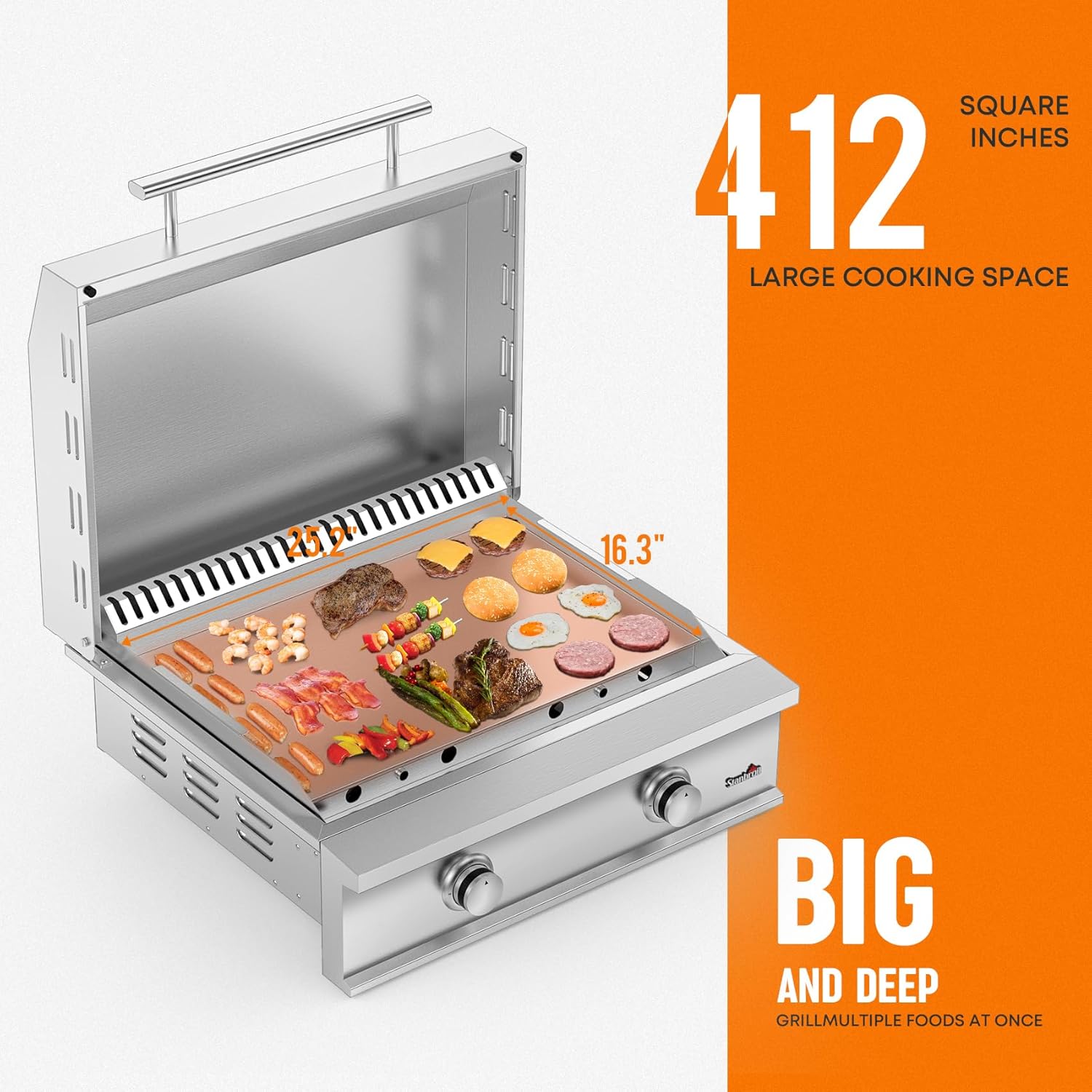 Stanbroil 28-Inch Premium Built-In Natural Gas Griddle for Outdoor Kitchen Grill, Durable Stainless Steel 2-Burner Flat Top Grill with Lid for BBQ Island, 34,000 BTUs