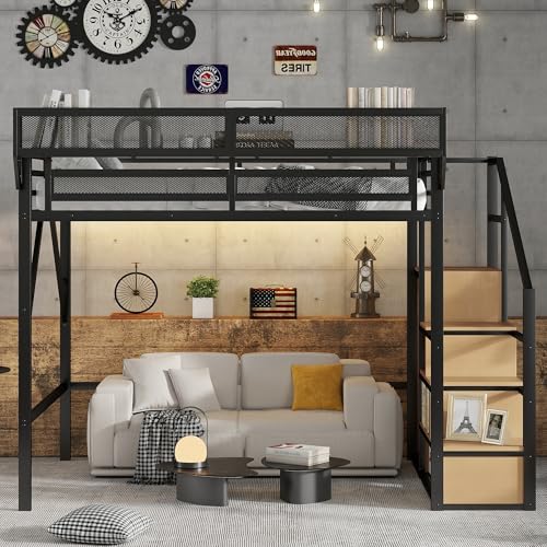 Full Size Loft Bed with Stairs and Storage, Metal Loft Bed Frame with Bedside Shelf and Large Under-Bed Space, Heavy-Duty Bed for Adults Teens and Kids, Black