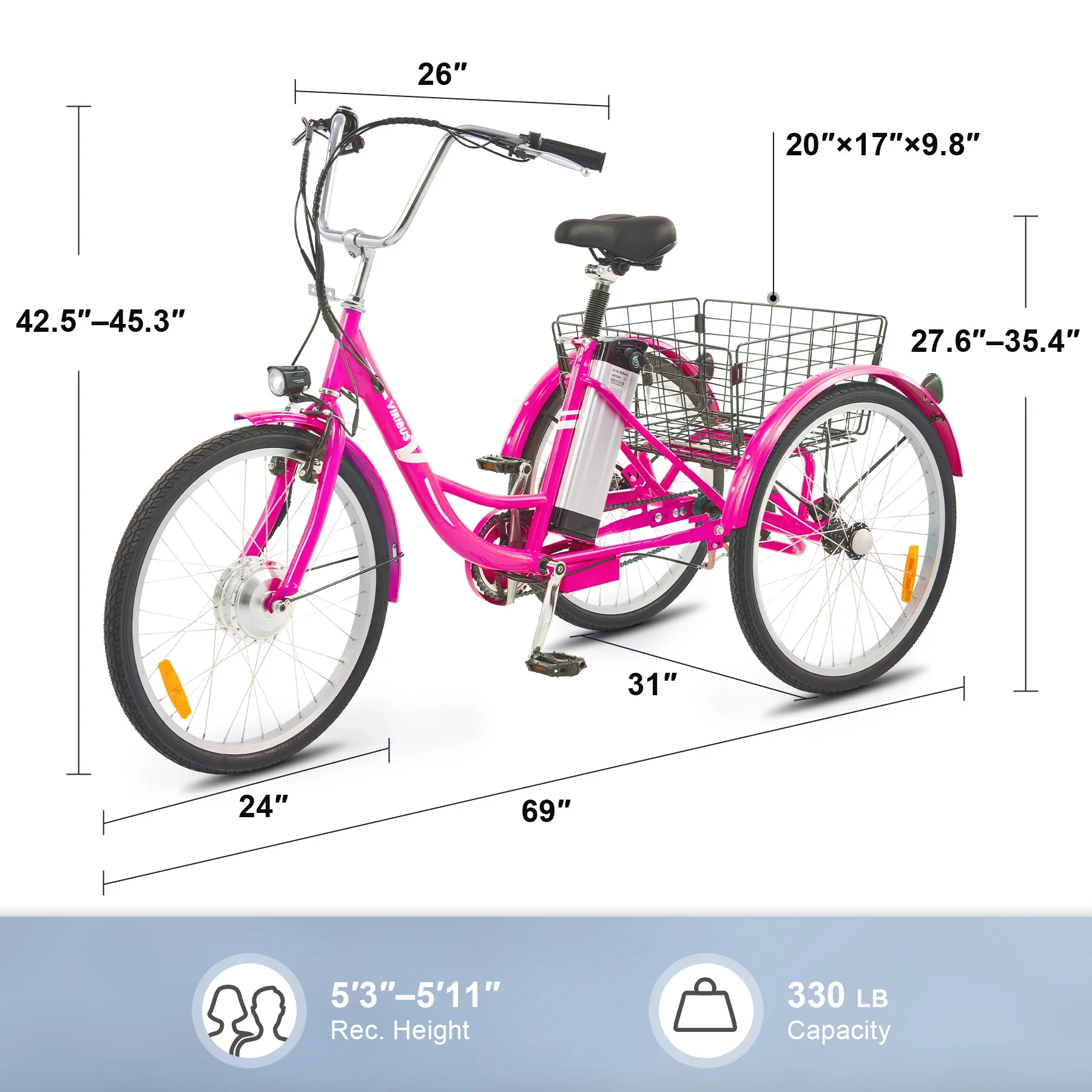 26 Electric Tricycle for Adults 3 Wheel Electric Bike 250W Electric Trike Black