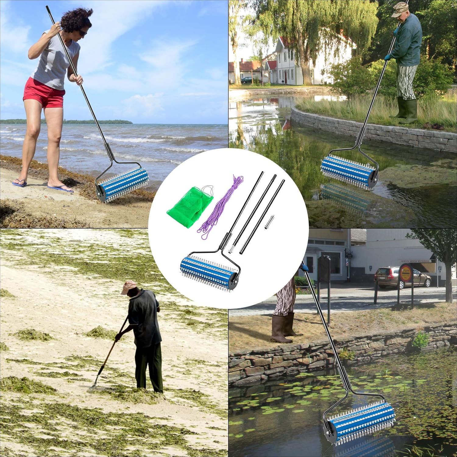 Happybuy Roller Weed Rake, 12 ft Lake Weed Cutter, Clean Aquatic Weeds Muck Silt Lake Rakes, Lake Weed Rake for Lake Pond Beach and Landscaping, Lake Weed Roller Rake with Extension Pole and Rope