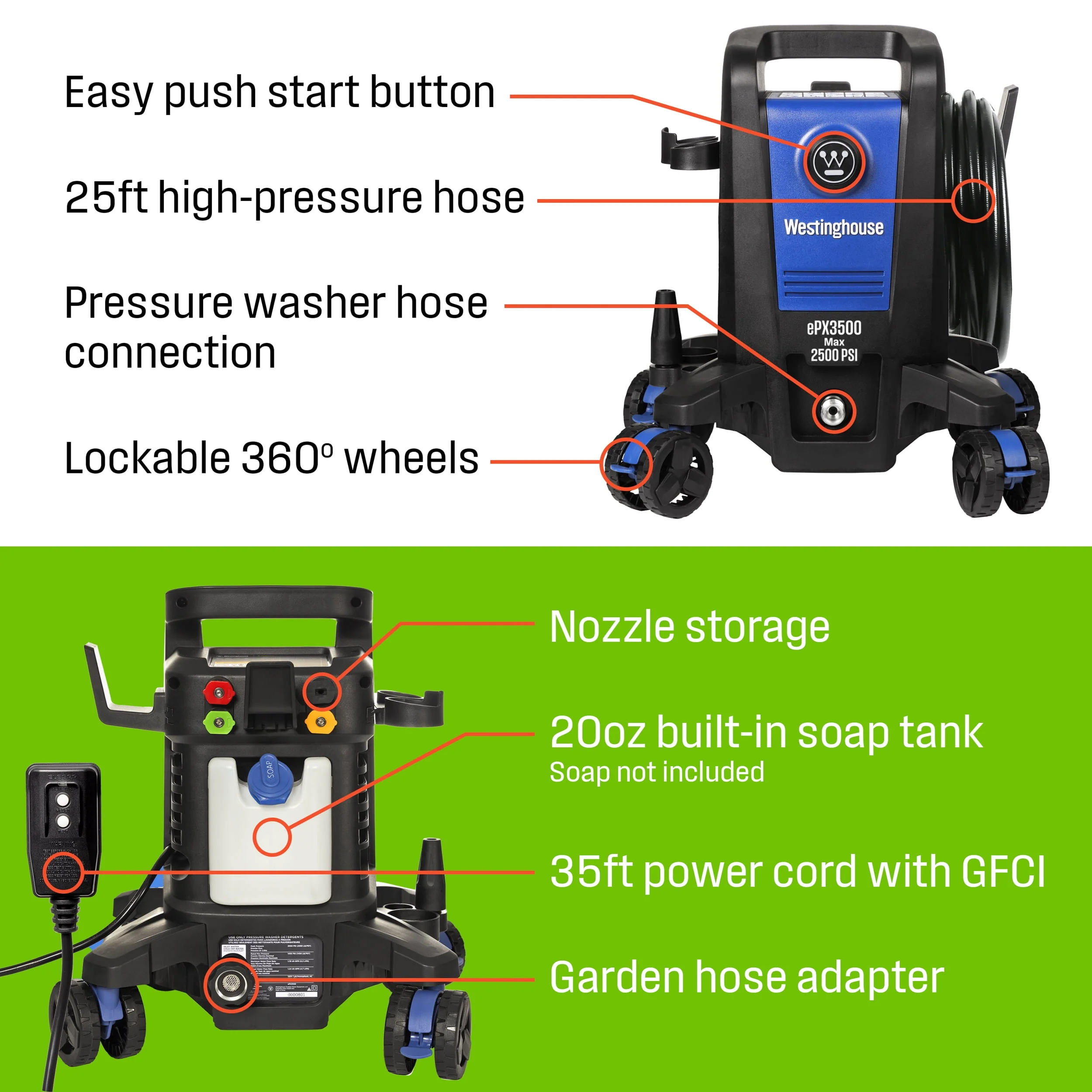 Westinghouse 2300 Max PSI Electric Pressure Washer, 1.76-GPM, Soap Tank, 5 Nozzles