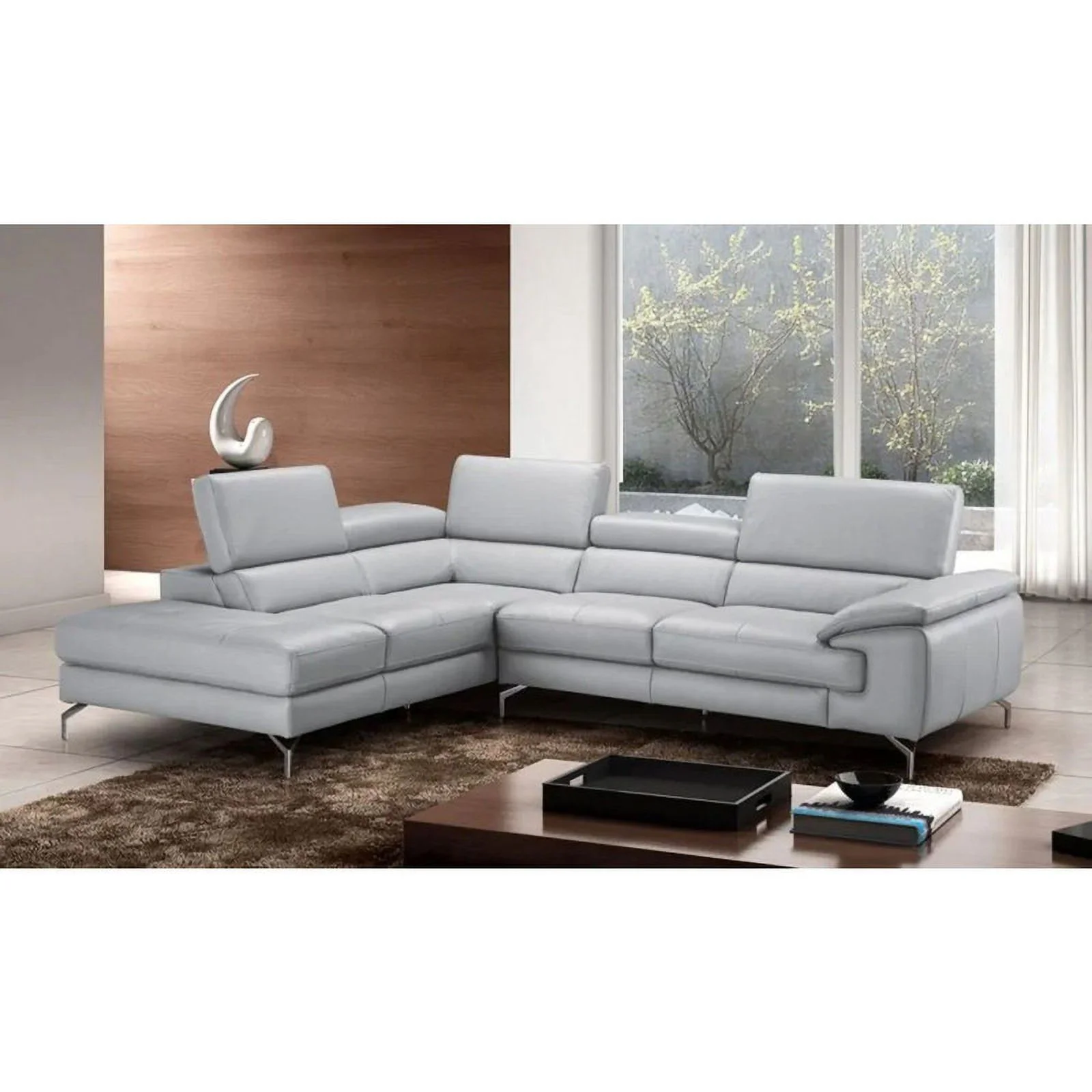 Olivia Premium Leather Sectional Sofa in Element Grey, Right Hand Facing Chaise