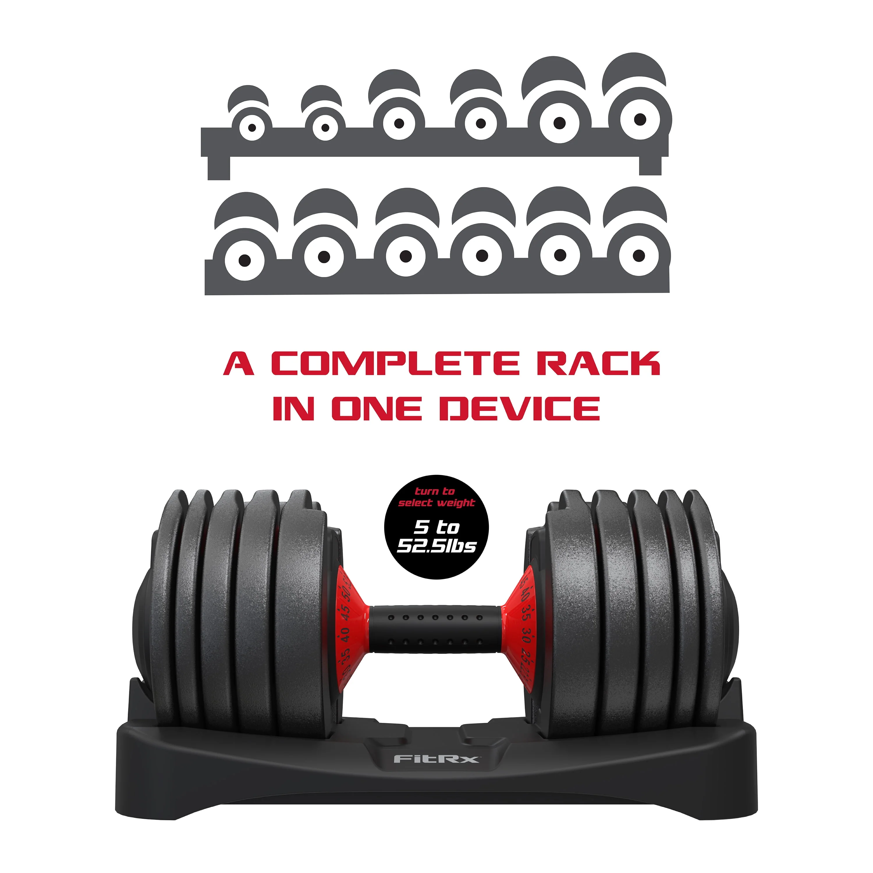 FitRx SmartBell, Quick-Select Adjustable Dumbbell, 5-52.5 lbs. Weight, Black, Single