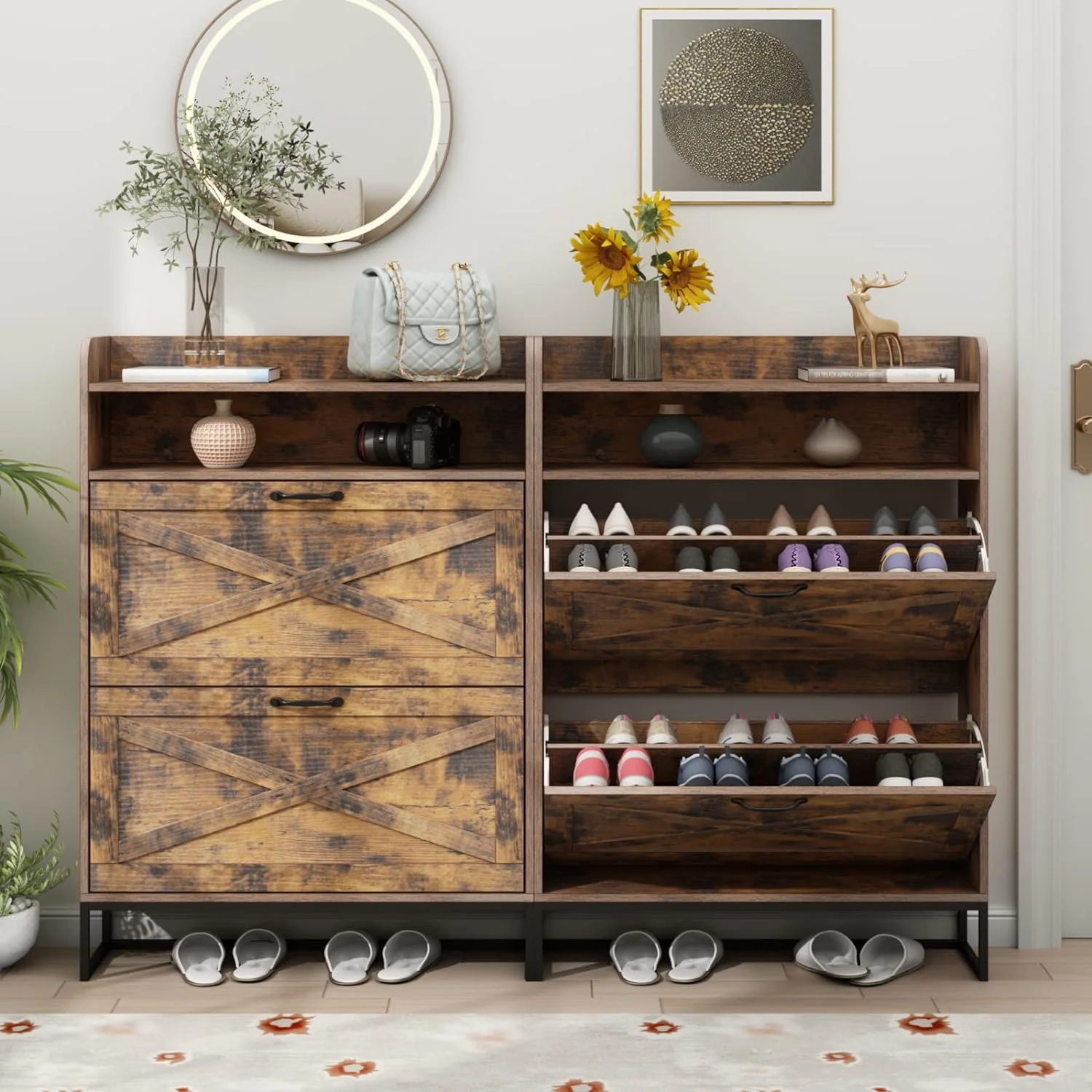 HOOMHIBIU Shoe  Cabinet with 2 Flip Drawers  Freestanding Tipping Bucket Shoe Organizer Cabinet Narrow Hidden Shoe Rack Cabinet with  Cubby for Entryway Slim
