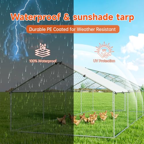 Large Metal Chicken Coop, Chicken Run Poultry Cage Hen with Water-Resident and Anti-UV Cover for Duck Rabbit House Outdoor Walk-in Chicken Pen for Yard, Dome Roof(10’ W x 19.7’ L x 6.4’ H)