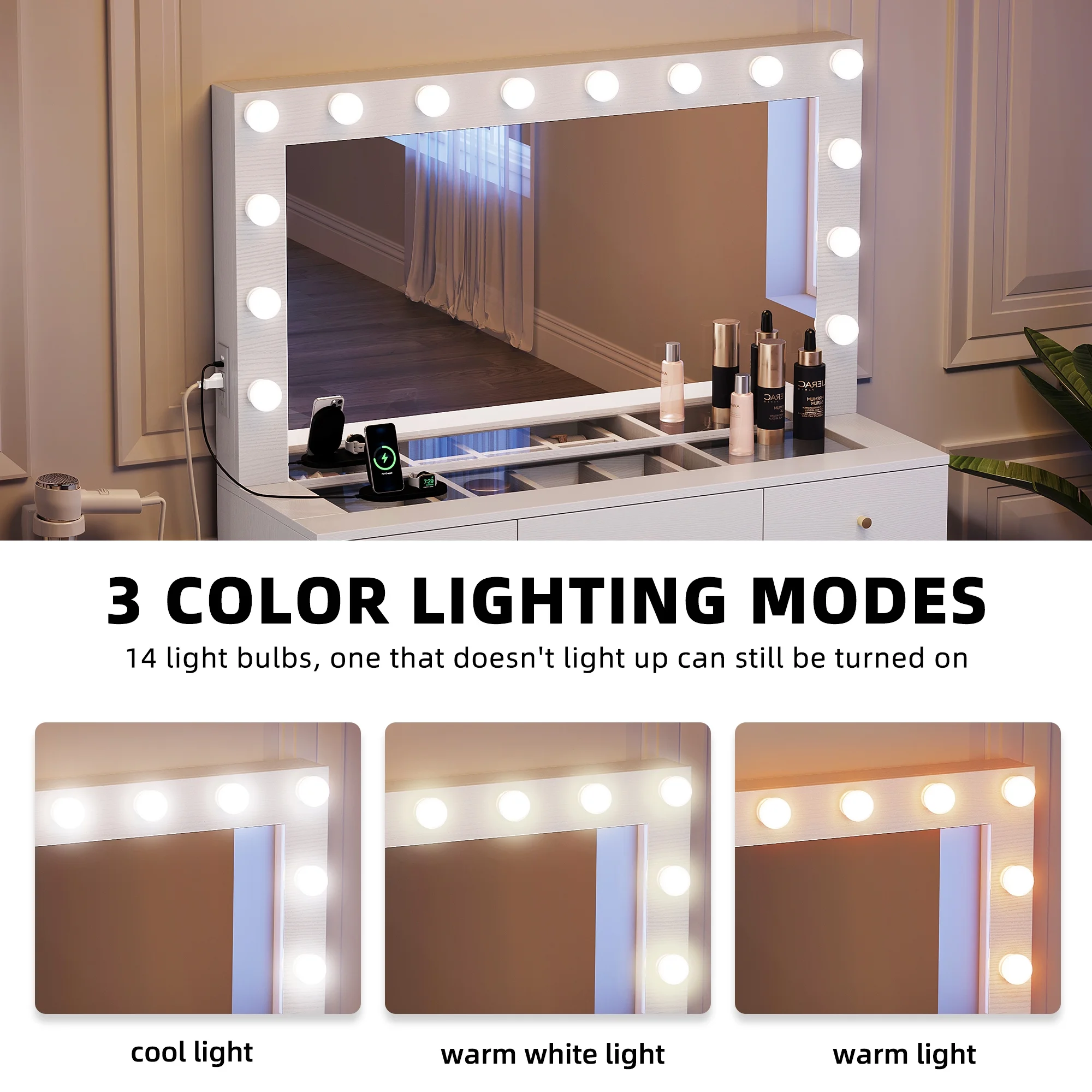 DWVO Vanity Table Set with 3 Color Lighted Mirror & Charging Station & Stool, Modern Makeup Vanity Dressing Table with 9 Drawers for Bedroom, Gold and White Vanity Desk for Women Girls