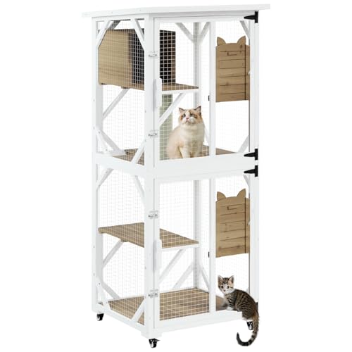 LEMBERI Cat House Outdoor Catio Cat Enclosures on Wheels, 71" Large Outside Patio Wooden Cat Cage Resting Box,Scratching Post, Waterproof Roof (Gray, 71")
