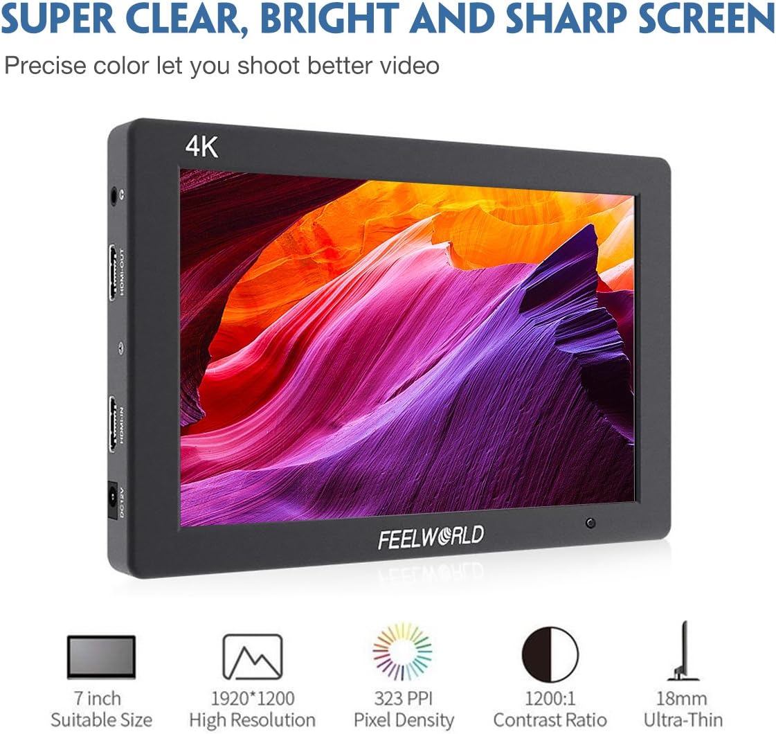 Feelworld T7 7 Camera Field Monitor 4K HDMI Imput Output 1920x1200 IPS Full HD Solid Aluminum Housing DSLR Video Assist with Peaking Focus False Colors (with Battery and Charger)