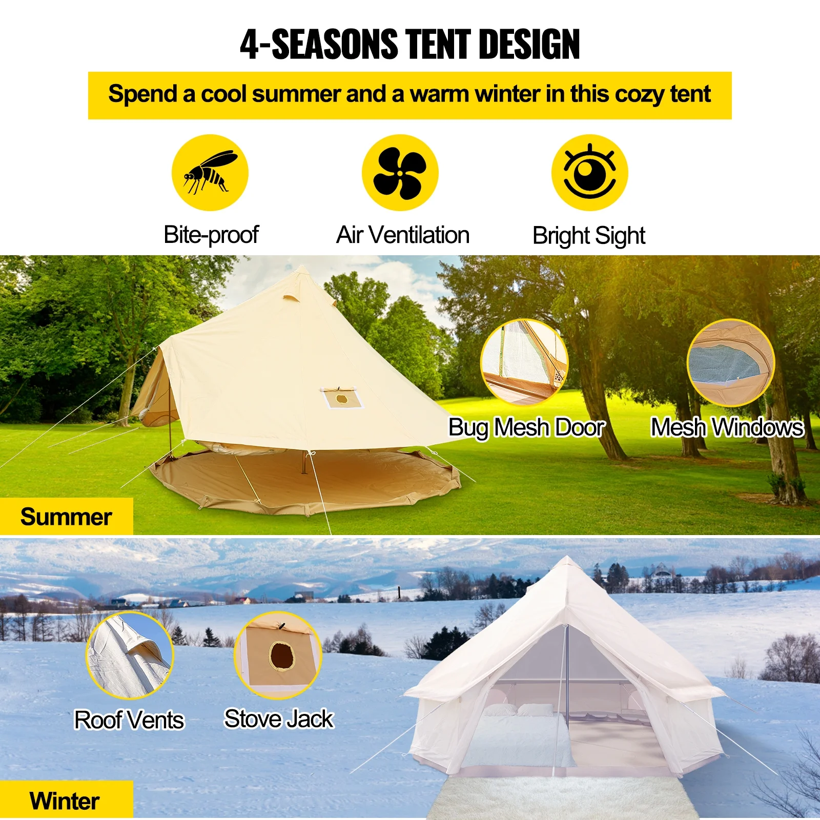 BENTISM 4-Season 8-10 People Large Waterproof Cotton Canvas Bell Tent With Stove for Camping Parties(5M Dia)