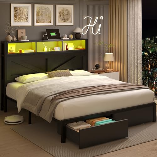 Farmhouse Full Bed Frame with Bookcase Headboard and Storage Drawers, LED Lights and Charging Station, No Box Spring Needed, Noise Free, Rustic Brown