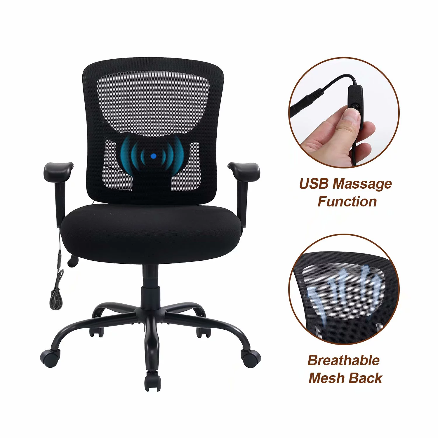 Bigroof Office Chair, 400 lbs Task Office Chair Ergonomic Wide Seat Mesh with Massage Lumbar Support and Adjustable Armrest Home Computer Chair for Heavy People
