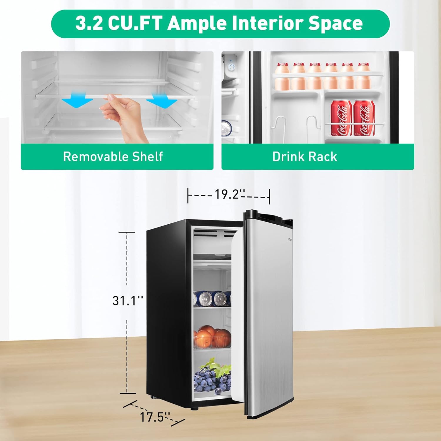 3.2 Cu.Ft. Mini Fridge with Freezer, Compact Refrigerator with Reversible Door, Adjustable Legs, Adjustable Thermostat Control, Small Fridge Perfect for Home/Dorm/Office/Apartment