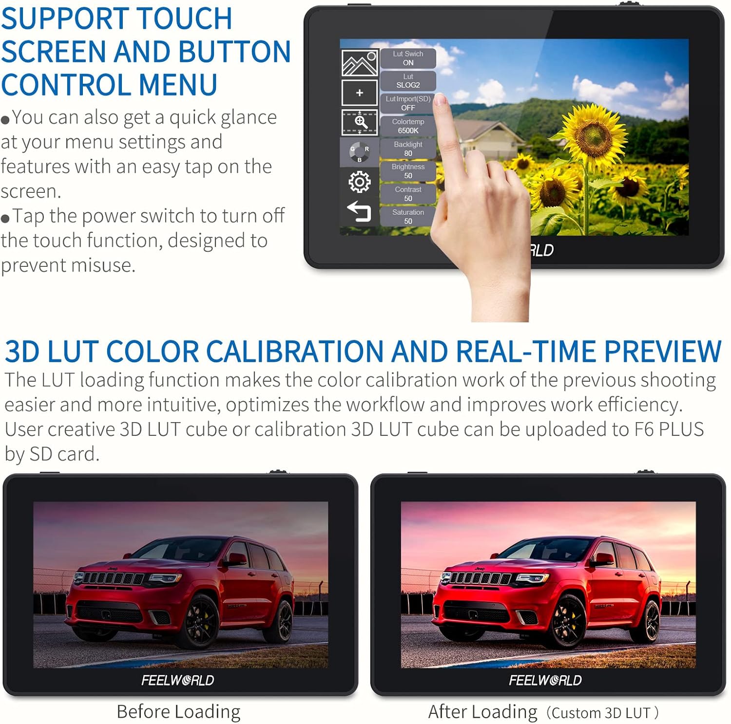 FEELWORLD F6 Plus 5.5 Inch Camera Monitor Field DSLR Monitors with 3D Lut HDR Small Full HD 1920x1080 IPS Support 4K HDMI Input Output Touch Screen for Photographer and Director External Video Monitor