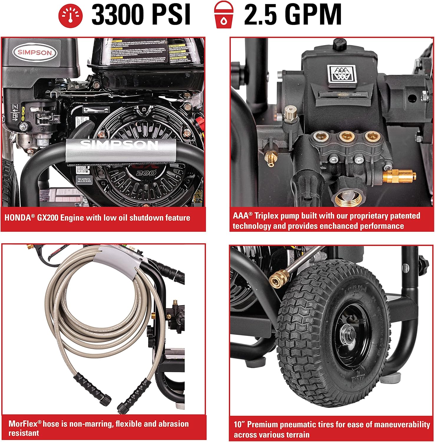 SIMPSON Cleaning PS3228 PowerShot Gas Pressure Washer Powered by Honda GX200, 3300 PSI at 2.5 GPM, Black