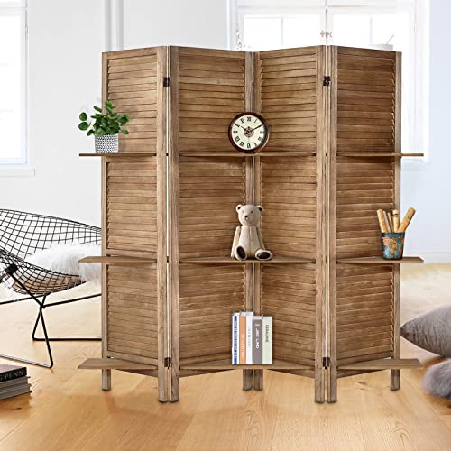 Room Divider with Shelves, Privacy Screen, Room Dividers and Folding Privacy Screens, 5 Panel Wood Temporary Wall Partition Separation Separator, Coconut