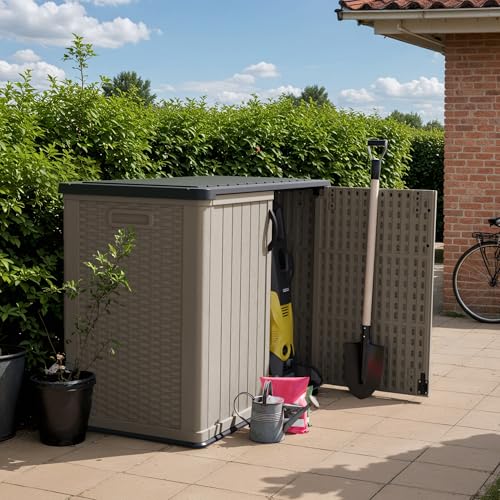 Devoko Outdoor Storage Cabinet 26 Cu Ft with Lockable Doors, Horizontal Storage Shed Waterproof Patio Tools Storage Box for Sofa Cushions, Gardening Tools and Accessories (White)