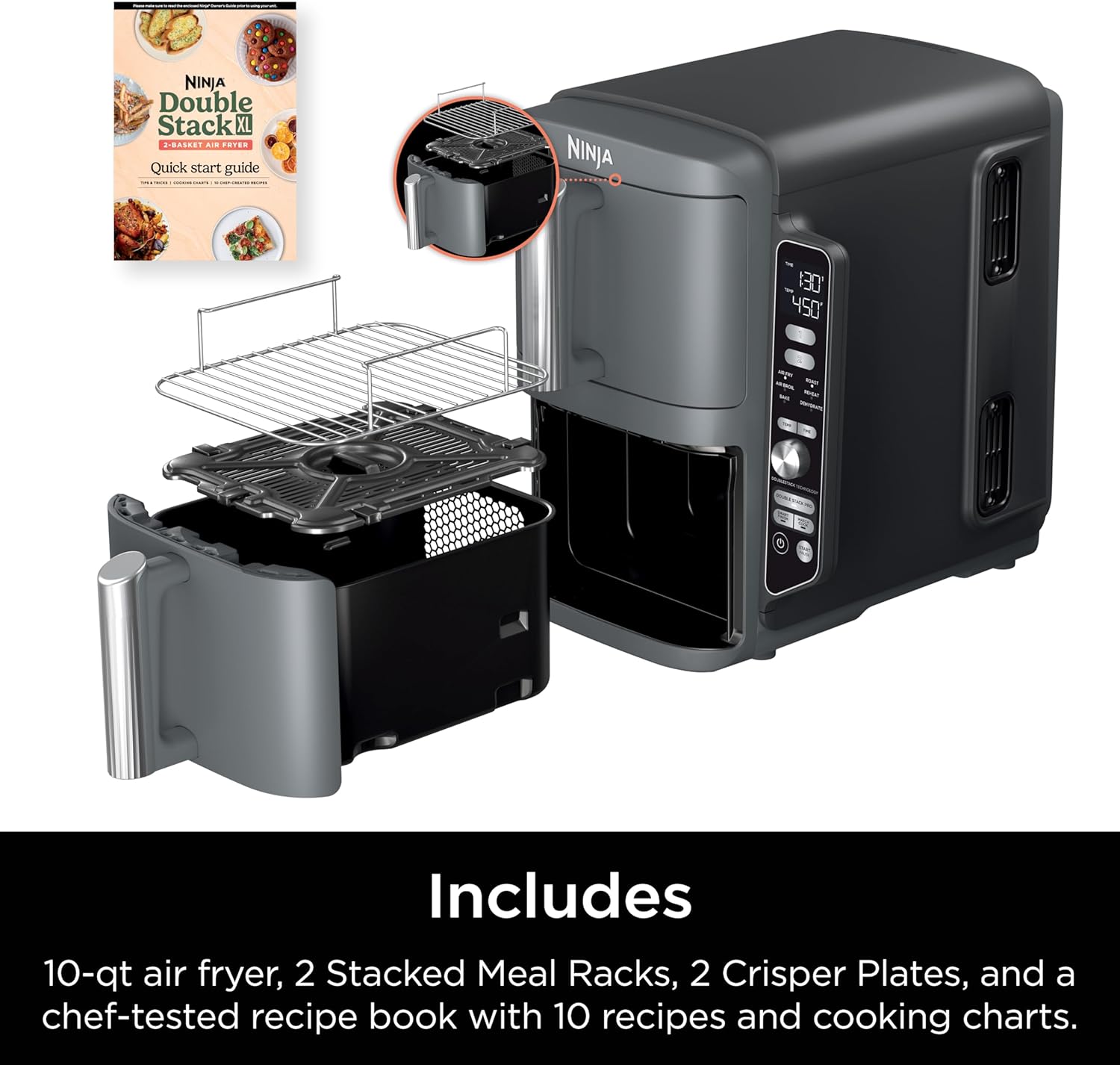Ninja SL401 DoubleStack XL 2-Basket Air Fryer, DoubleStack Technology Cooks 4 Foods at Once, Compact Design, 10 QT, 6-in-1, Smart Finish & Match Cook, Air Fry, Broil, Bake, Easy Meals, Easy Clean,Grey