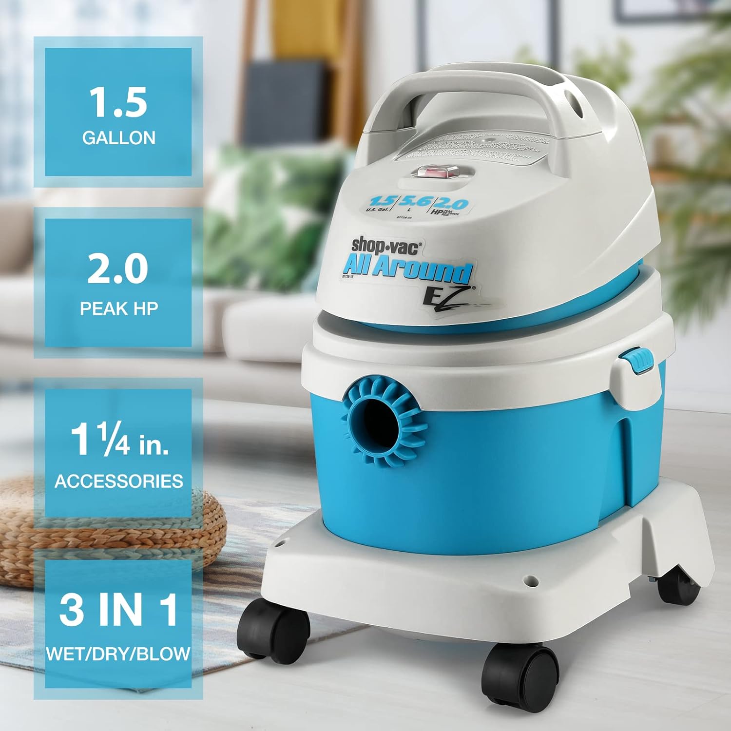 Shop-Vac 1.5 Gallon 2.0 Peak HP All Around EZ Wet/Dry Vacuum, Portable Compact Shop Vacuum, 3 in 1 Function with Wall Bracket & Multifunctional Attachments for Home, Apartment, Vehicles, 5895100