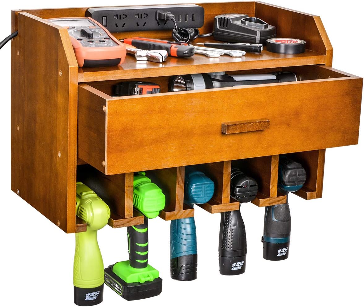 Power Tool Organizer Storage Wall Mount Drill Charging Station, Drill Holder Garage Tool Cabinet Storage with Drawer for Workshop Workbench- Wooden Brown, Easy Assembly Pack of 2