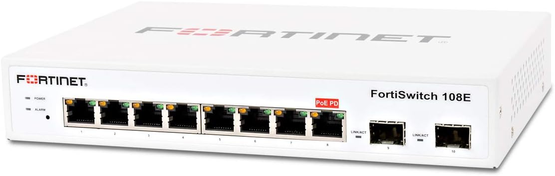 Fortinet | FS-108E | FortiSwitch-108E L2 Switch - 8 x GE RJ45 Ports, 2 x GE SFP, Fanless line AC and PSE Dual Powered L2+ Management Switch, FortiGate Switch Controller Compatible.