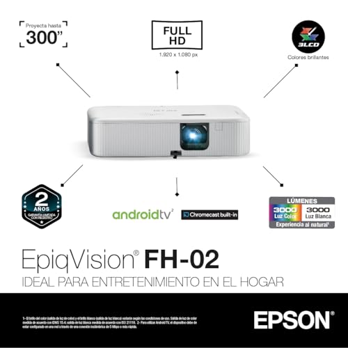 Epson EpiqVision Flex CO-FH02 Full HD 1080p Smart Streaming Portable Projector, 3-Chip 3LCD, 3,000 Lumen Color/White Brightness, Android TV, Bluetooth, 5W Speaker, Home Entertainment