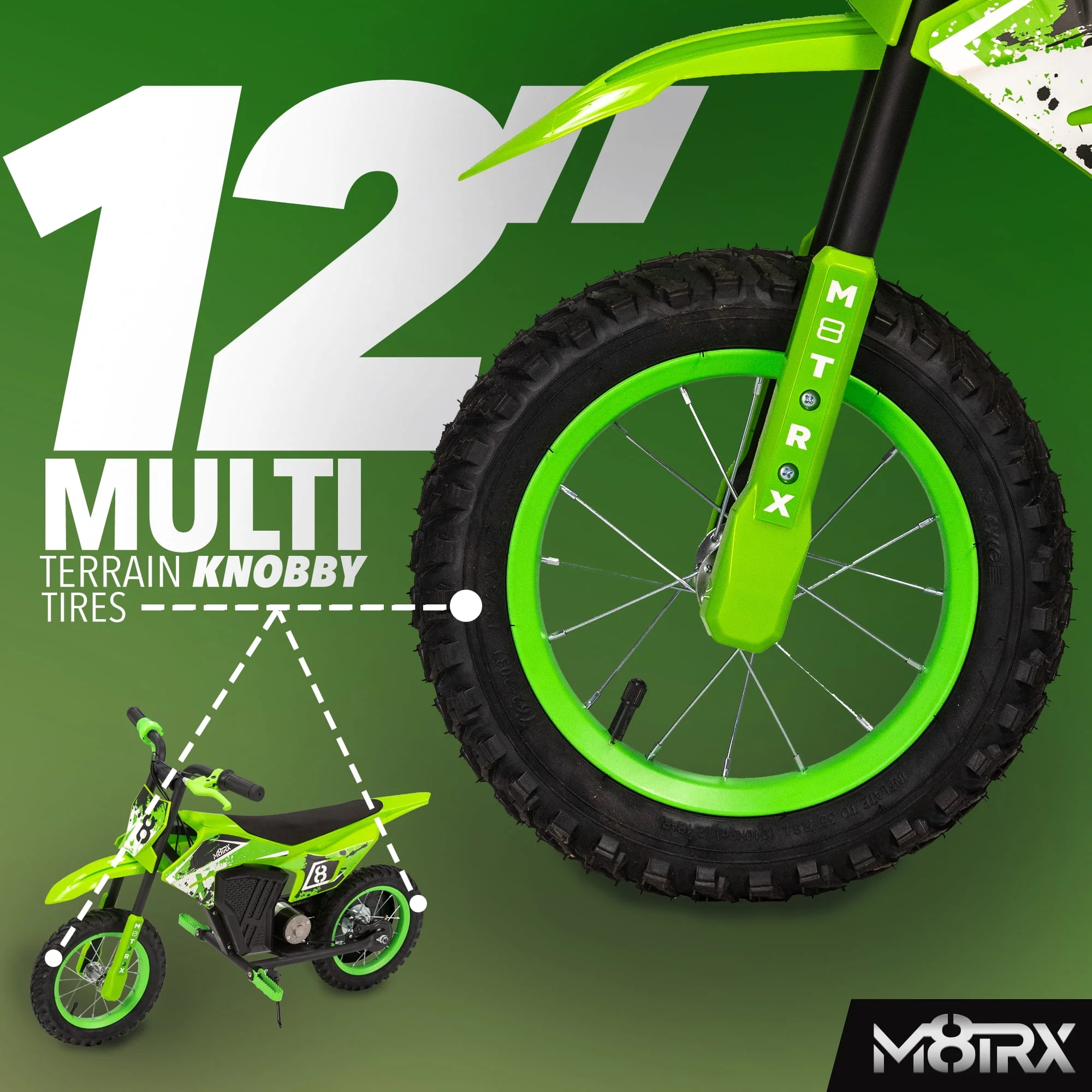 M8TRX 12V Mini Electric Child Dirt Bike, Battery Powered Toy Motorcycle, Kids Ride On, Ages 5 Years and Up, Green