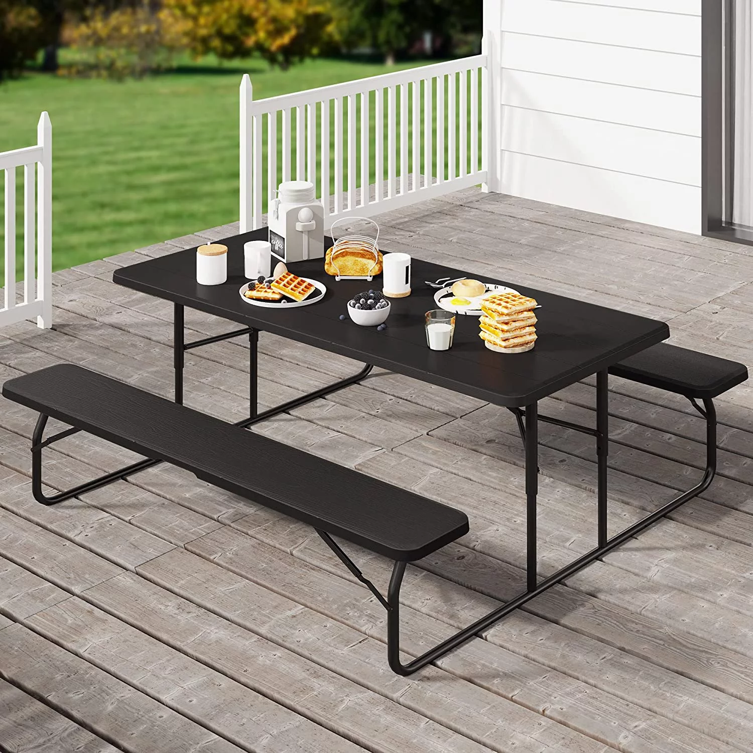 Dextrus 6ft Folding Picnic Table Heavy Duty Outdoor Picnic Table and Bench Resin Tabletop & Stable Steel Frame w/Umbrella Hole for Yard Patio Lawn Party Black