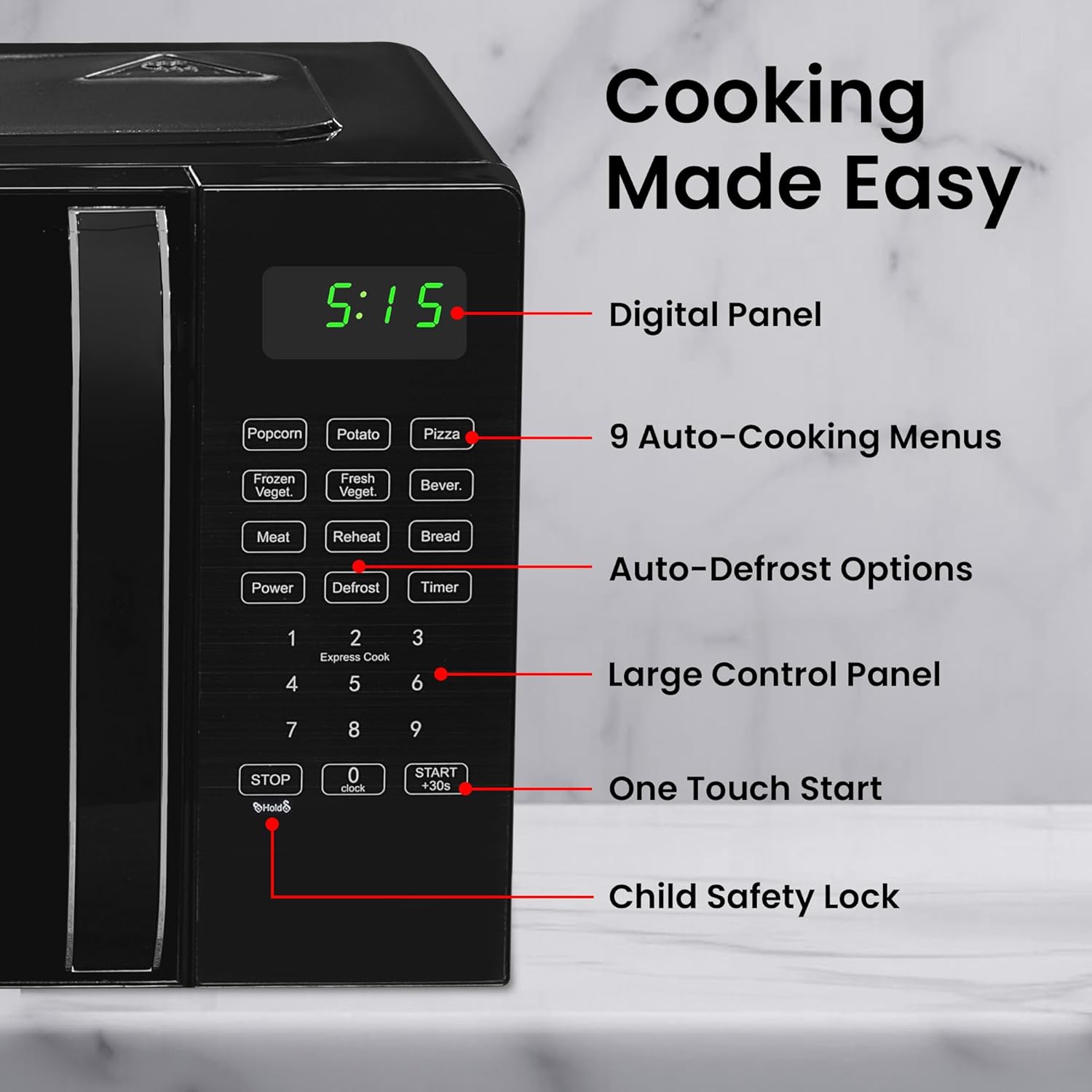 Countertop Microwave Oven Small 0.7 cu ft With Digital Display, Black Microwave Countertop has 10 Power Levels & Auto Defrost Function Compact Microwave for Dorm With Child Lock