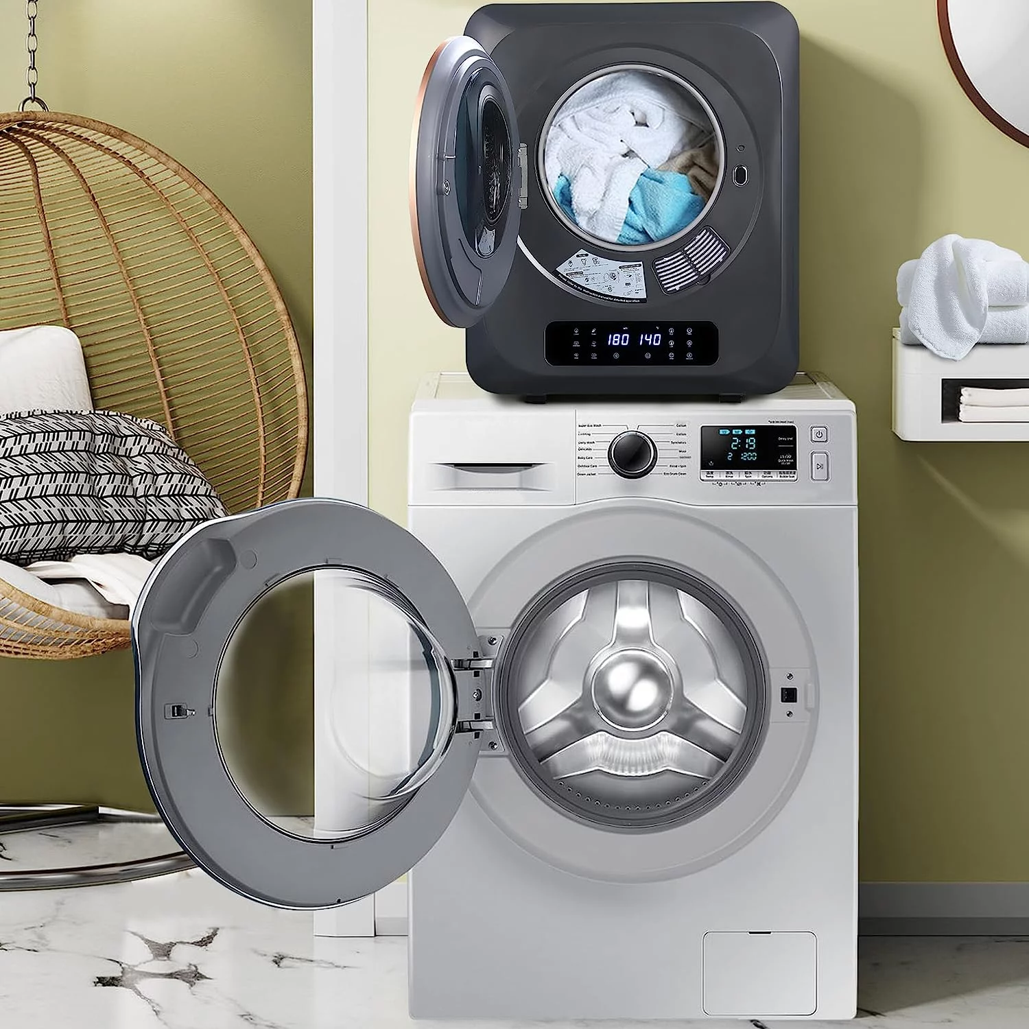 CozyHom Compact Electric Dryer Laundry Dryer, Portable Clothes Dryer Machine with Stainless Steel Drum, White