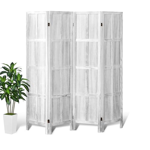 Wood Room Divider 4 Panel, 5.6 FT Tall Room Divider and Folding Privacy Screen, Partition Divider for Room Separation, Wooden Wall Divider Screen for Home Office Bedroom (Retro White)