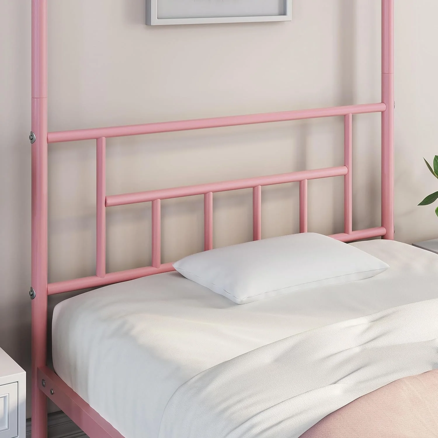 Twin Canopy Bed Frames Metal Platform Bed Frame Four-Poster Canopied Bed Mattress Foundation with Headboard and Footboard Sturdy Slatted Structure Easy Assembly No Box Spring Needed Pink