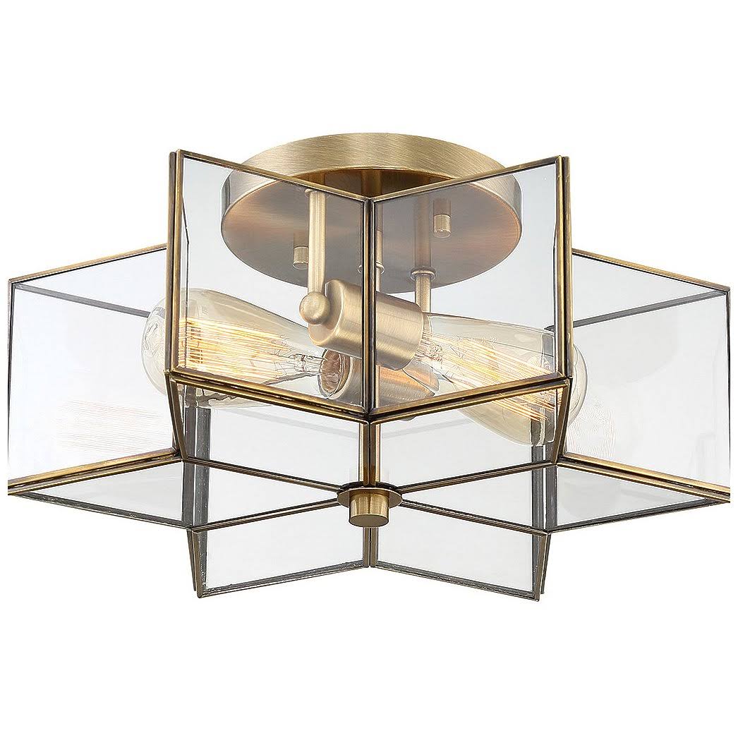 2-Light Natural Brass Semi-Flush Mount with Clear Glass