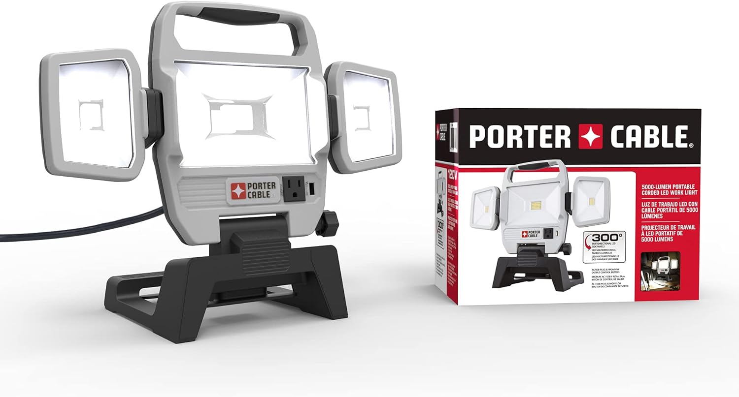 PORTER-CABLE Compa 4000-Lumen Rechargeable LED Work Light with Stand, 3 Brightness Modes, Li-ion Battery Powered, Cordless, Collapsible Tripod, Compact Camping Light, Portable Outdoor Light