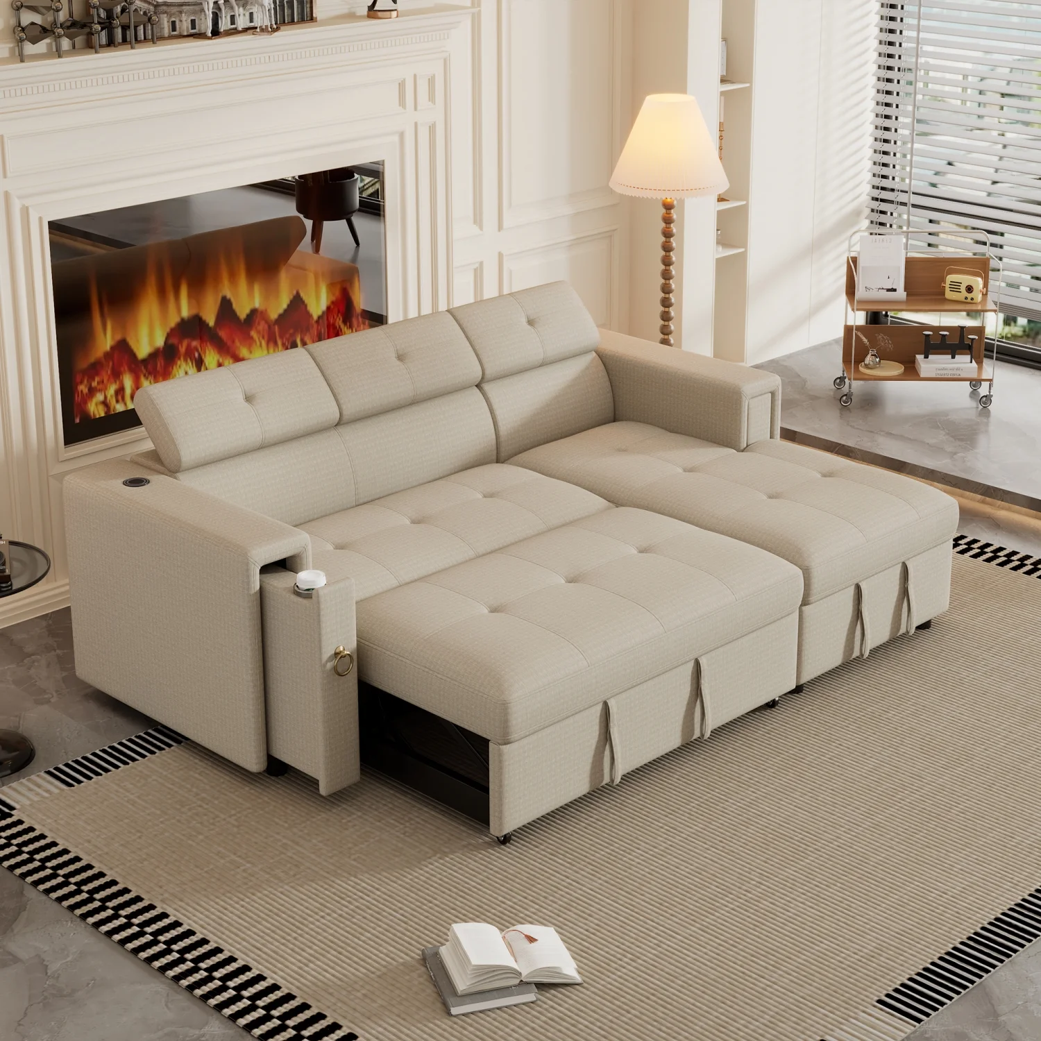 Churanty Pull Out Couch Bed with Storage and Cup Holder Sectional Sleeper Sofa with Wireless Charging L Shaped Couch with Adjustable Headrest Convertible Sofa Bed for Living Room,Beige - Curated Treasures Market