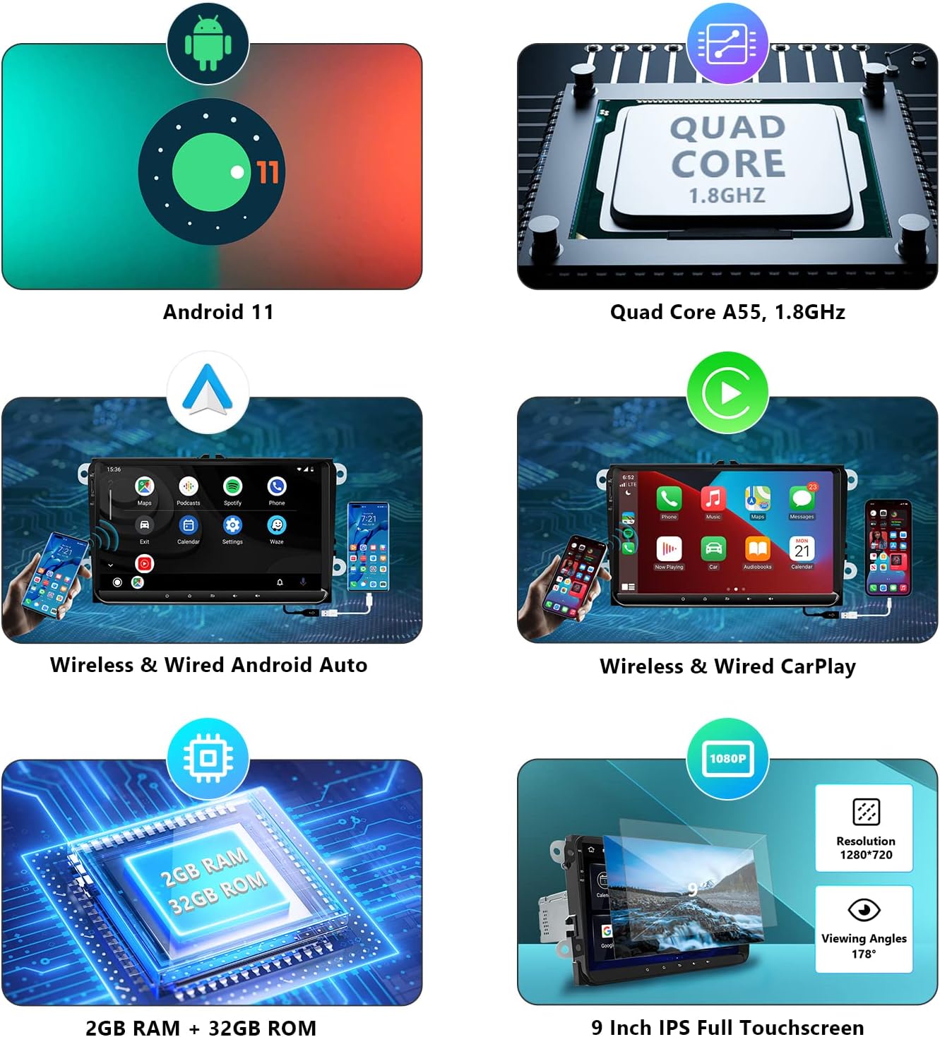 Eonon Android 11 Car Stereo, CarPlay & Android Auto Car Stereo Receiver, 9 Inch Double Din Car Radio Applicable to Volkswagen/SEAT/Skoda, Built-in DSP/IPS Display, Support Custom UI/Bluetooth 5.0-R53