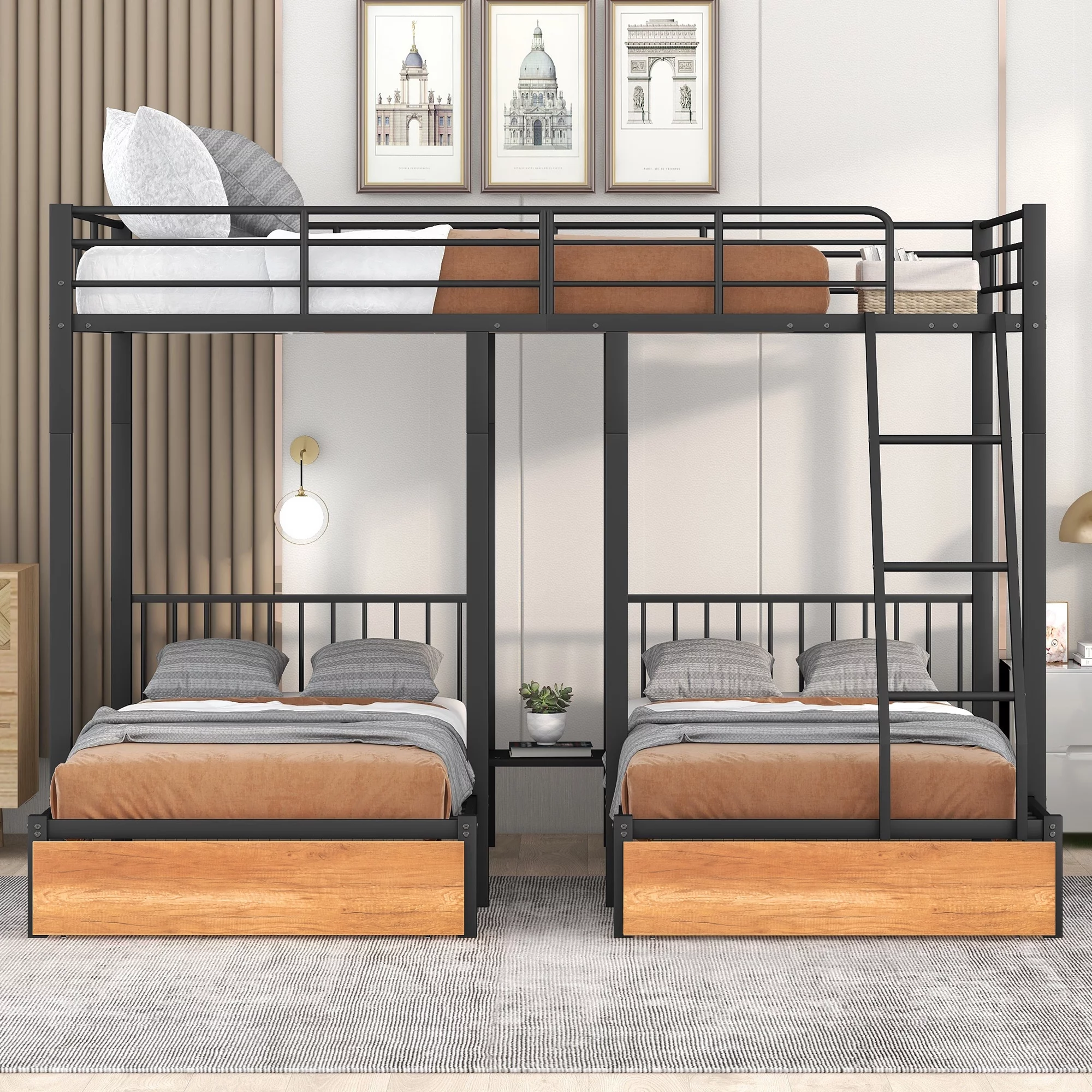 Metal Triple Bunk Beds, BTMWAY Triple Full Bunk Bed for Kids Teens Adults, Full Over Twin Over Twin Bunk Bed with Drawers and Guardrails, Can be Separated into 3 Beds with Headboard, Black