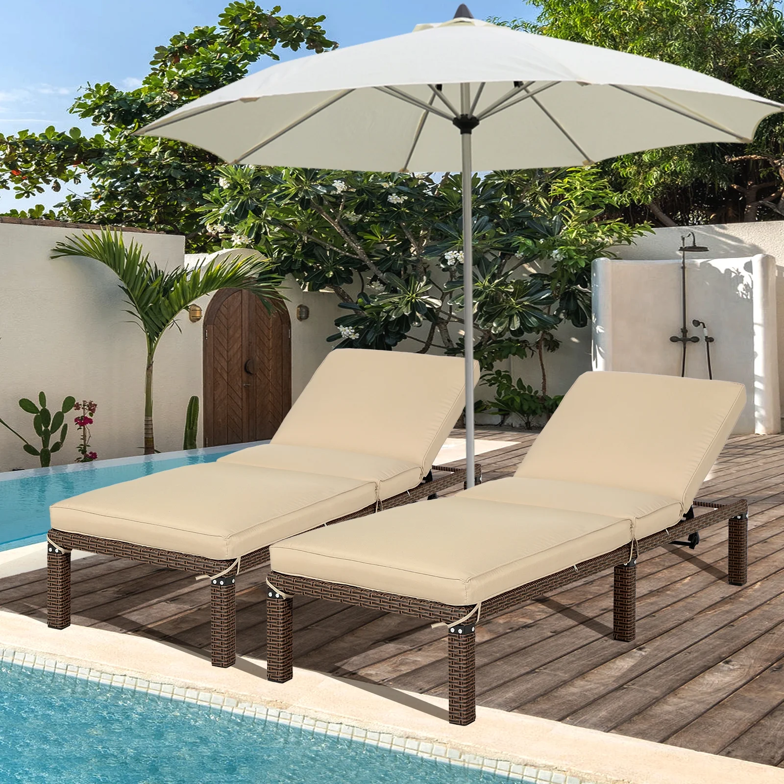 Magic Union Outdoor Rattan Wicker Chaise Lounge Chair with Adjustable Backrest & Cushion, Set of 2-Khaki