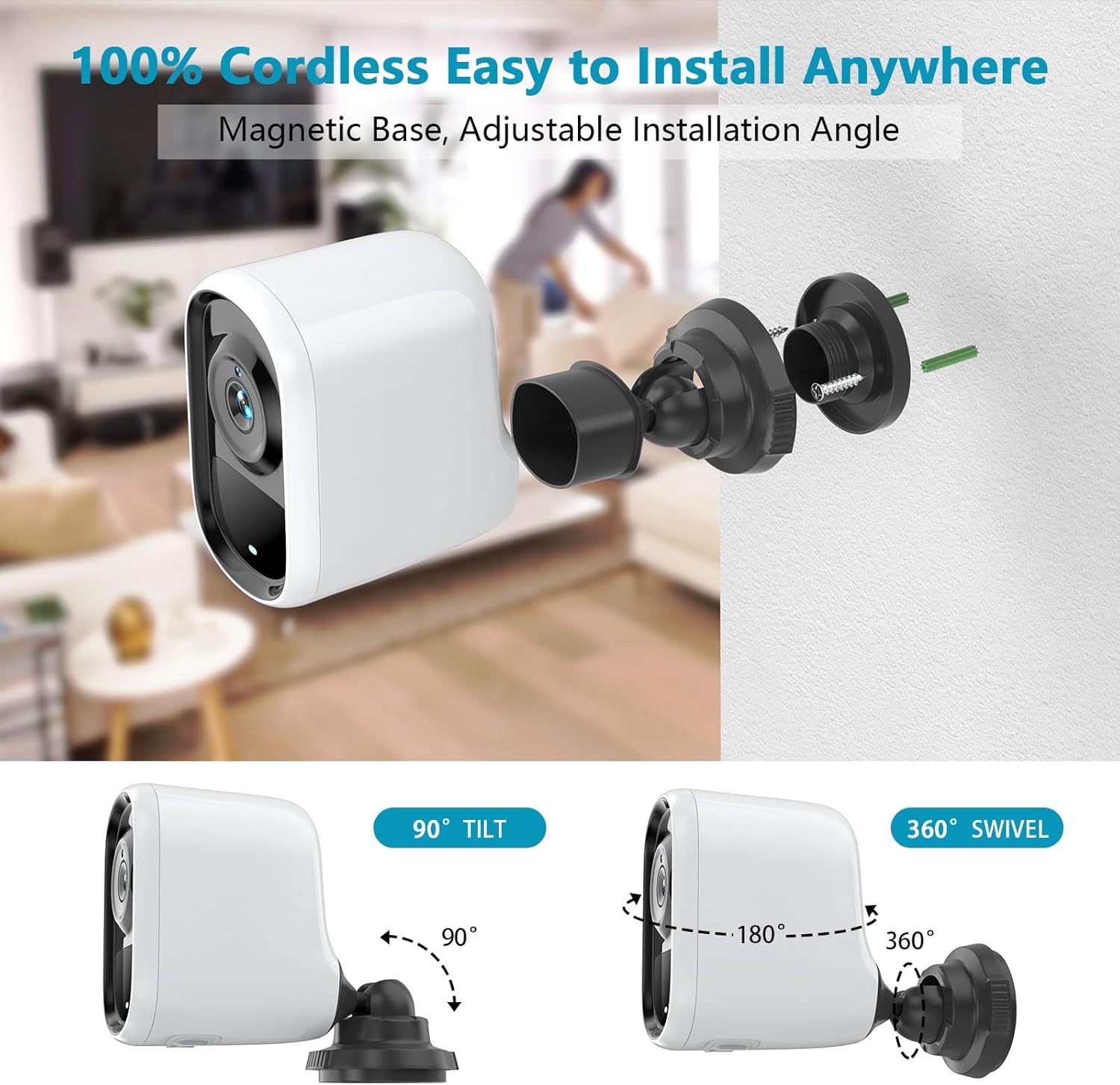 Wireless WiFi Security Camera for Outdoor Home Surveillance Camera Rechargeable Home Security Camera, 1080P HD, Night Vision, Motion Detection, Two-Way Audio, Waterproof, Cloud/SD Slot Storage
