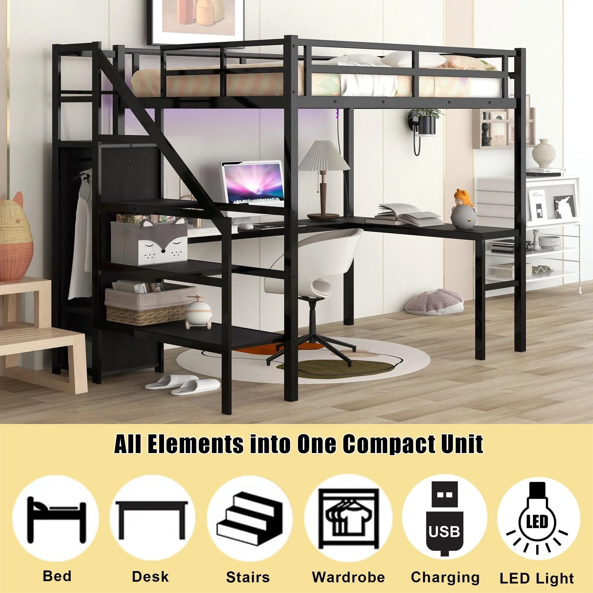 Full Size Loft Bed with Desk and Stairs, Metal Loft Bed Frame with Wardrobe and USB Charging Station, High Loft Bed with LED Light for Kids Teens Adults-Black